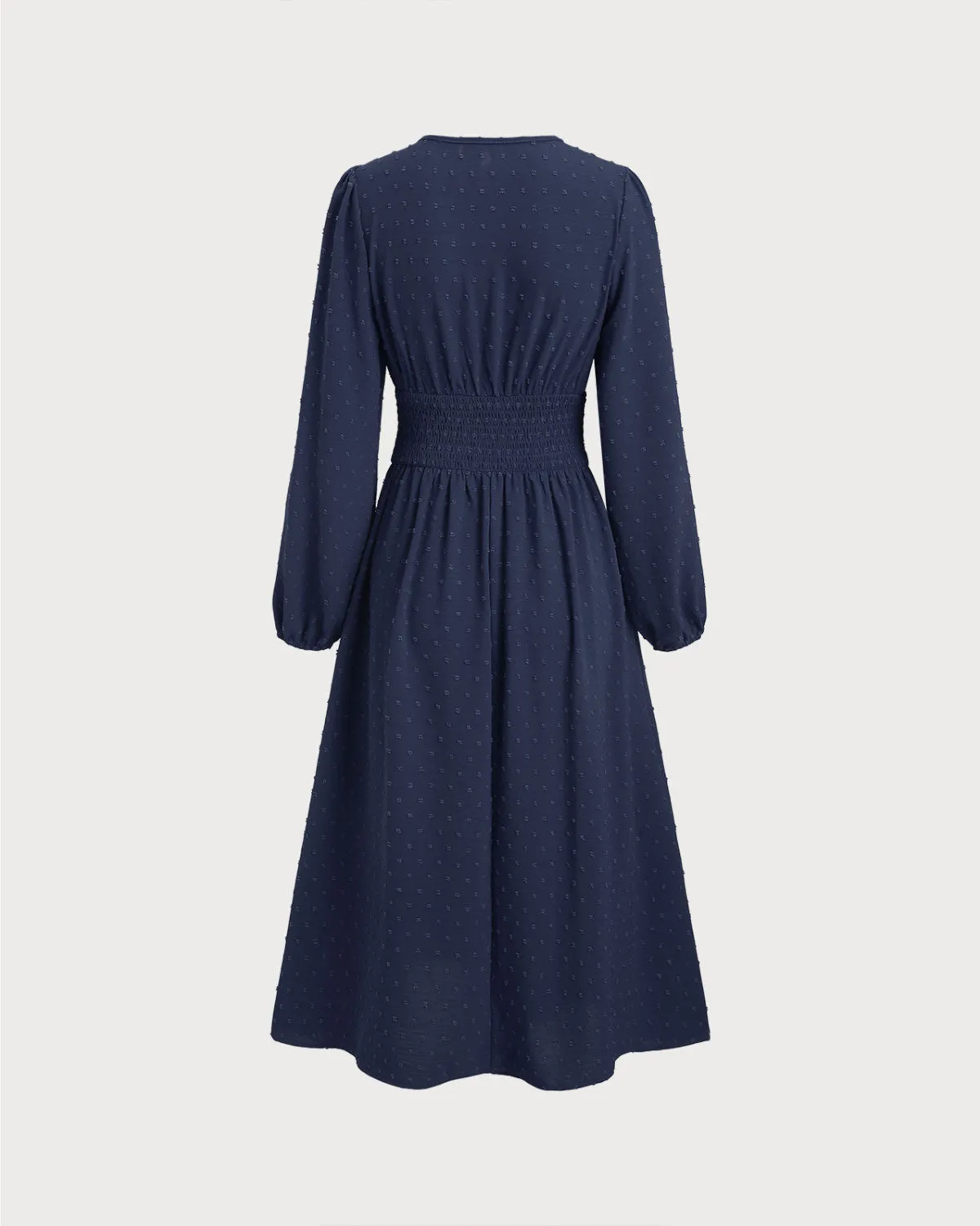Navy Polka Dot Shirred Midi Dress sold by rihoas product image thumbnail 2