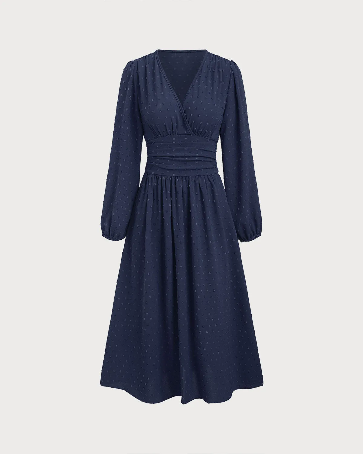 Navy Polka Dot Shirred Midi Dress sold by rihoas
