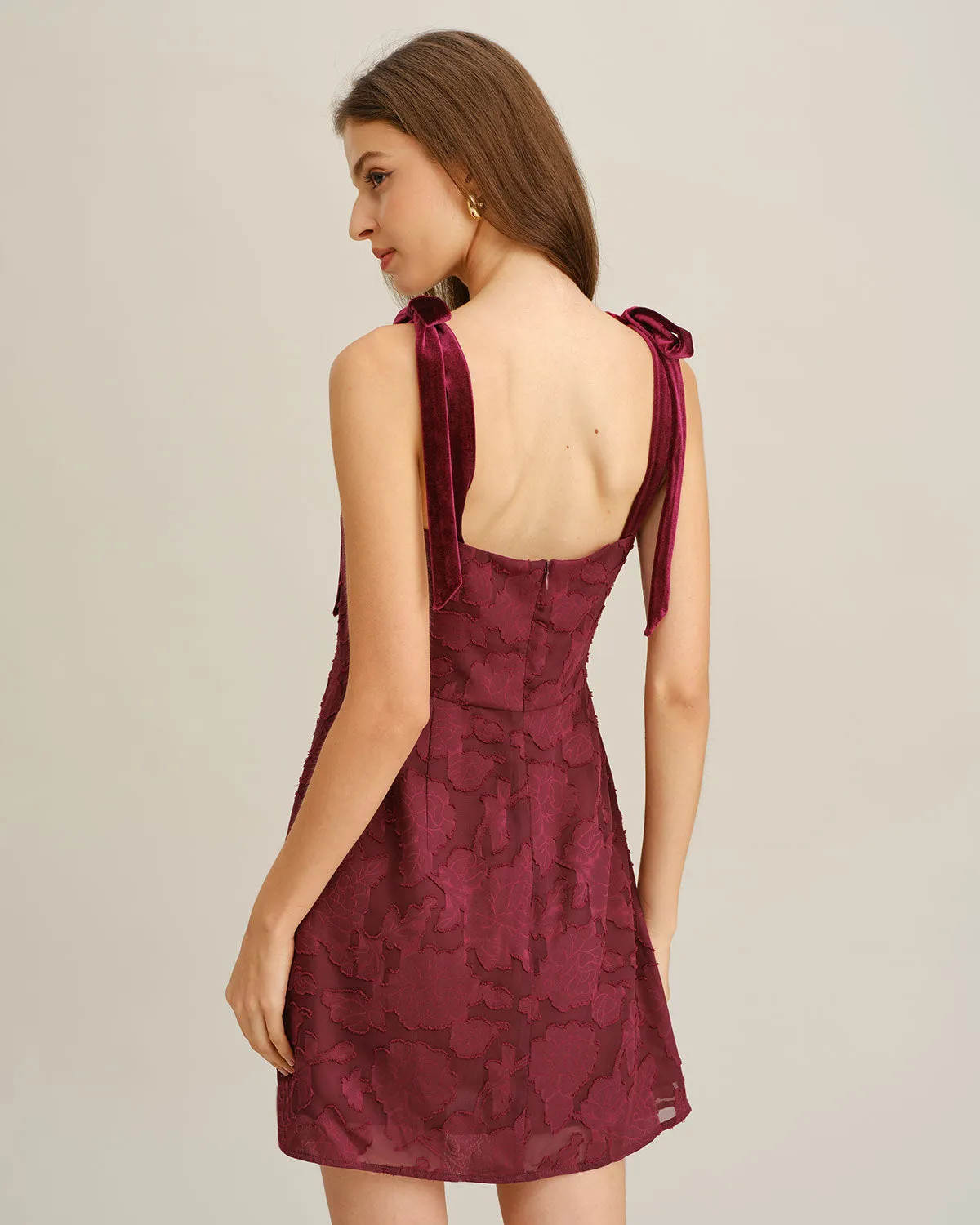 Wine Red Floral Tie Strap Mini Dress sold by rihoas product image thumbnail 3