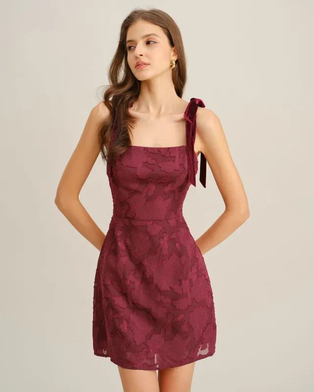 Wine Red Floral Tie Strap Mini Dress sold by rihoas