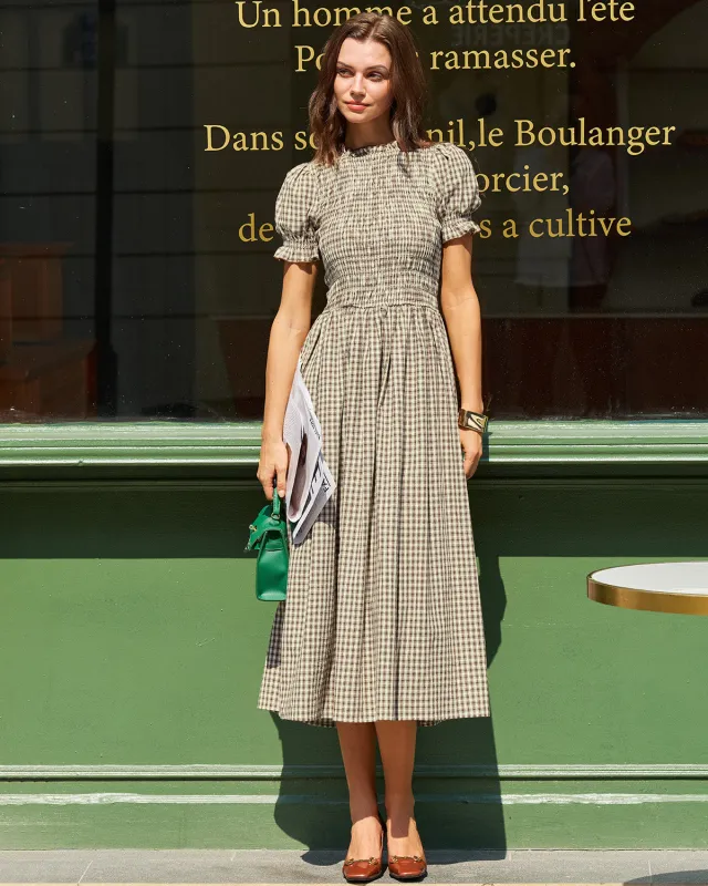 Coffee Plaid Shirred Puffed Sleeve Midi Dress sold by rihoas