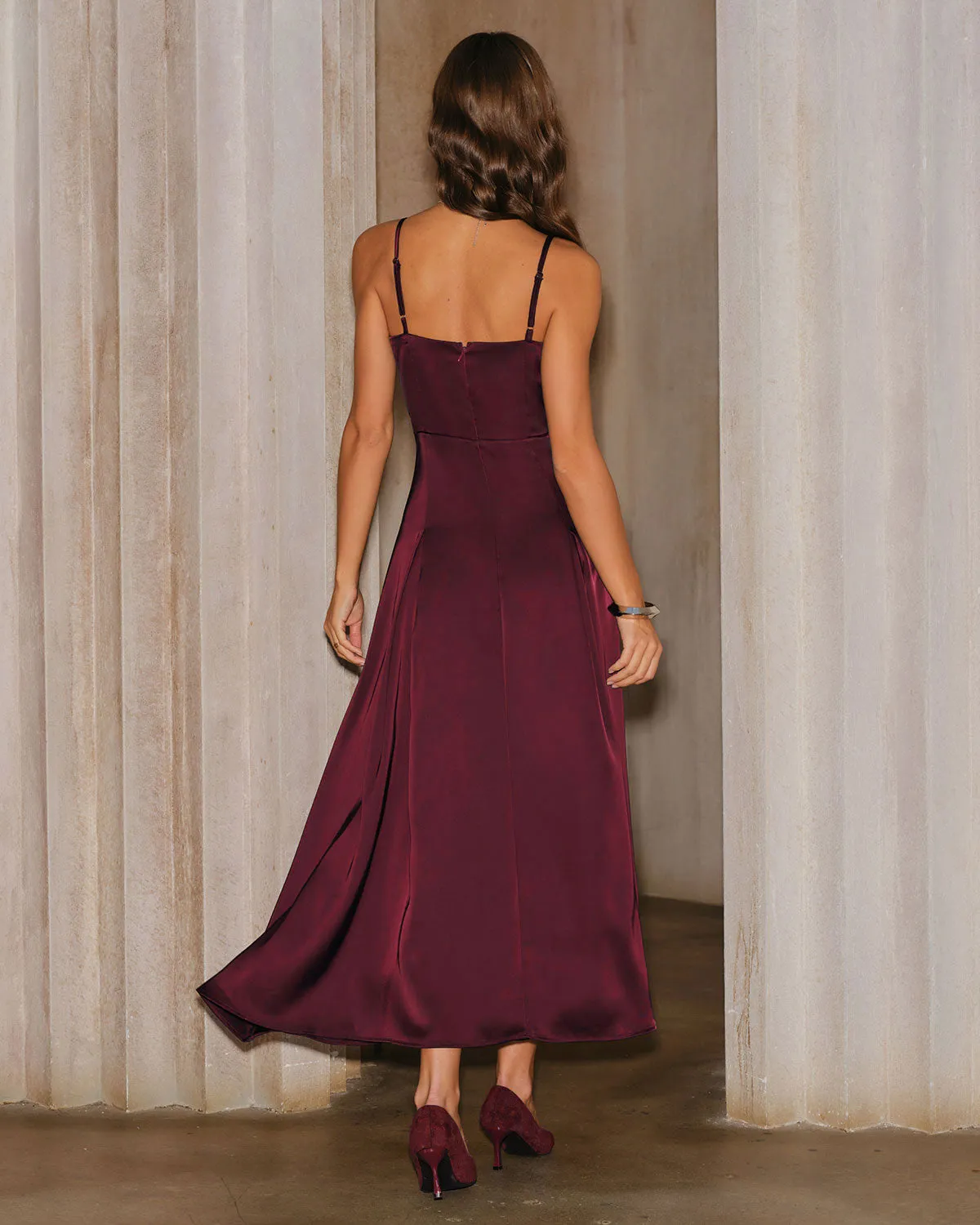 Wine Red Satin A-Line Slip Maxi Dress sold by rihoas product image thumbnail 5
