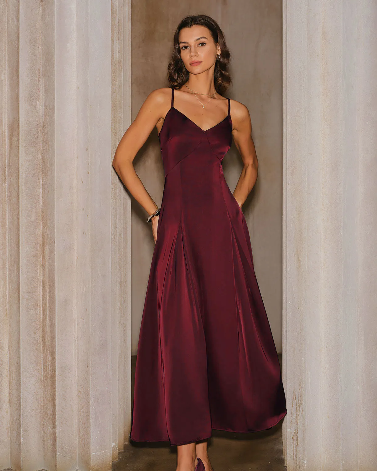 Wine Red Satin A-Line Slip Maxi Dress sold by rihoas product image thumbnail 3