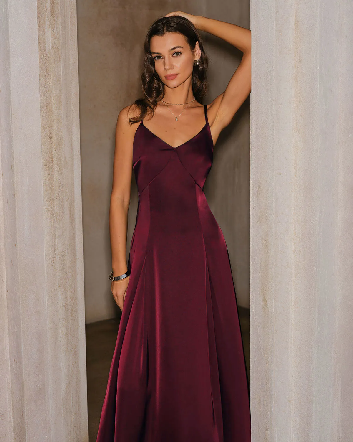 Wine Red Satin A-Line Slip Maxi Dress sold by rihoas product image thumbnail 2