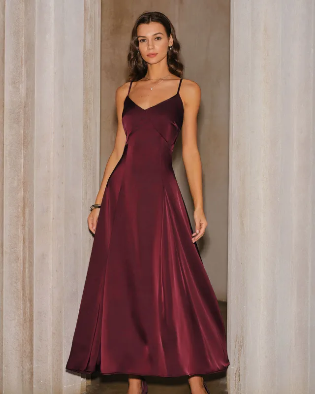 Wine Red Satin A-Line Slip Maxi Dress sold by rihoas