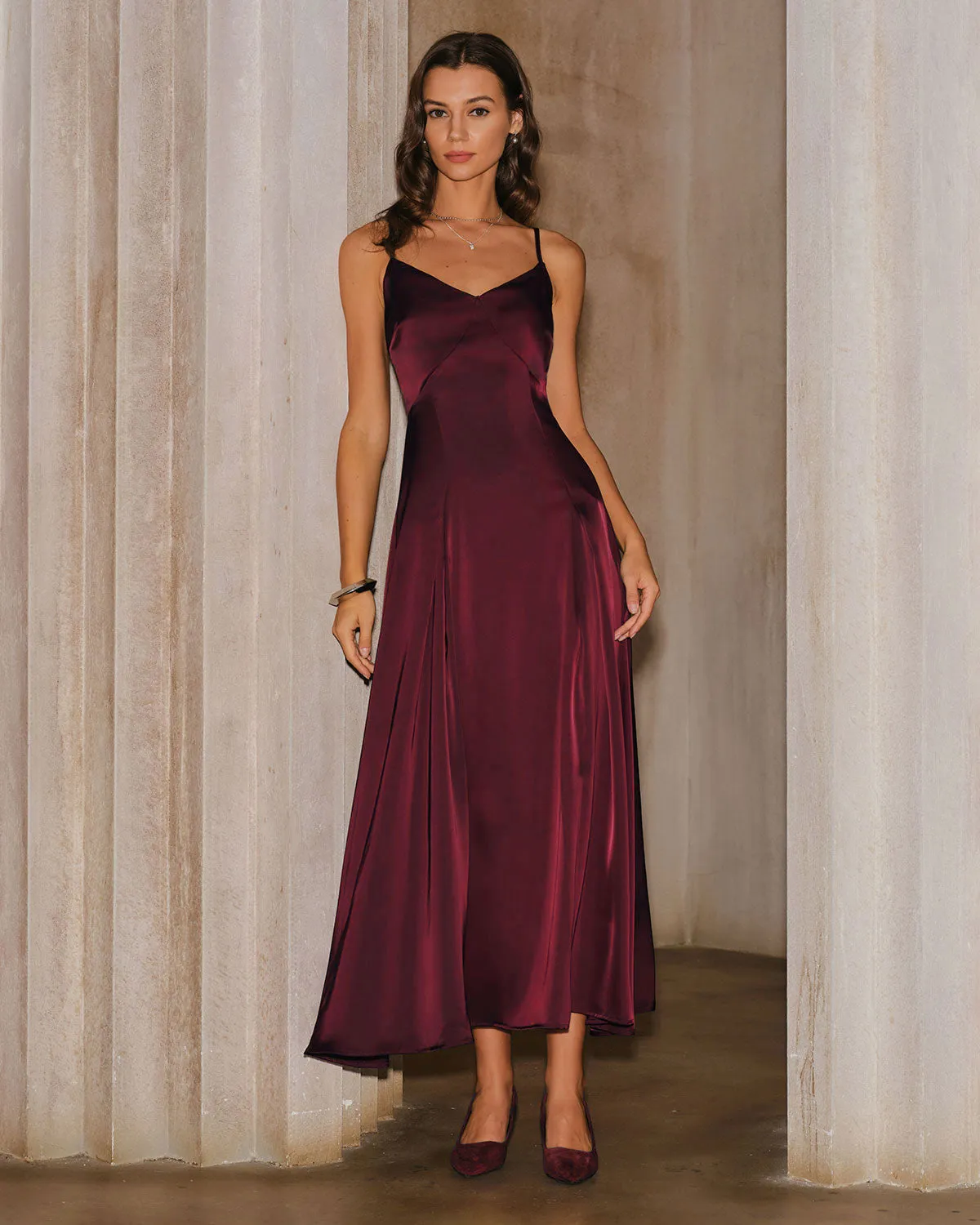 Wine Red Satin A-Line Slip Maxi Dress sold by rihoas product image thumbnail 4