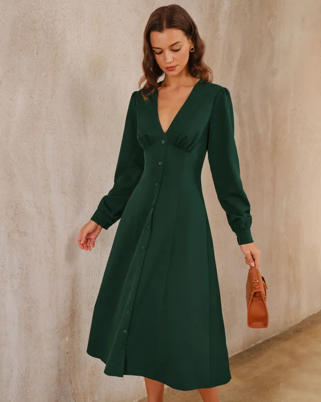 Green Ruched Button Midi Dress sold by rihoas