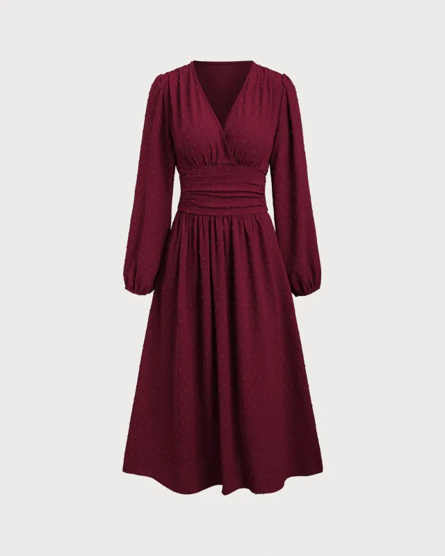Wine Red Polka Dot Shirred Midi Dress sold by rihoas
