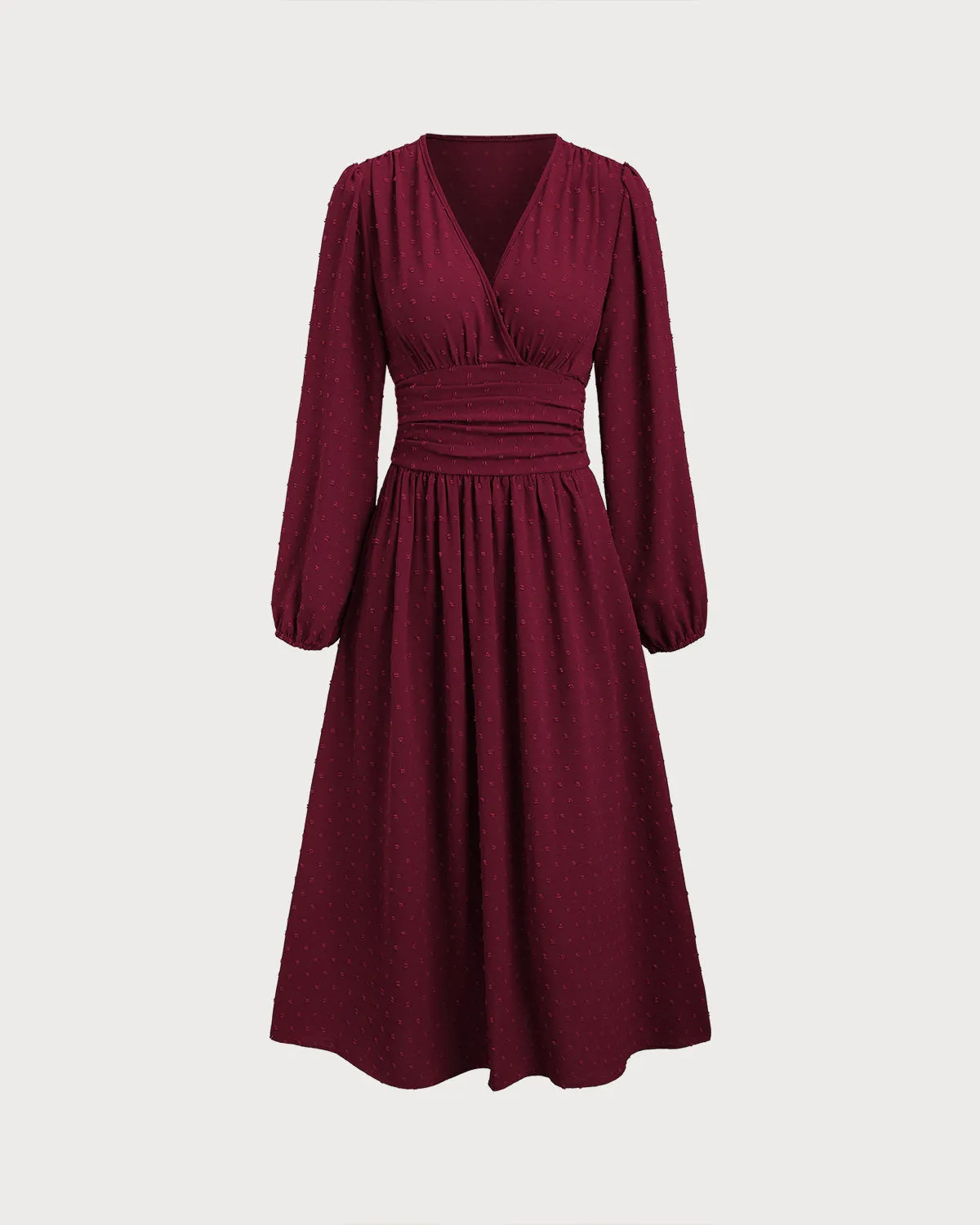 Wine Red Polka Dot Shirred Midi Dress sold by rihoas