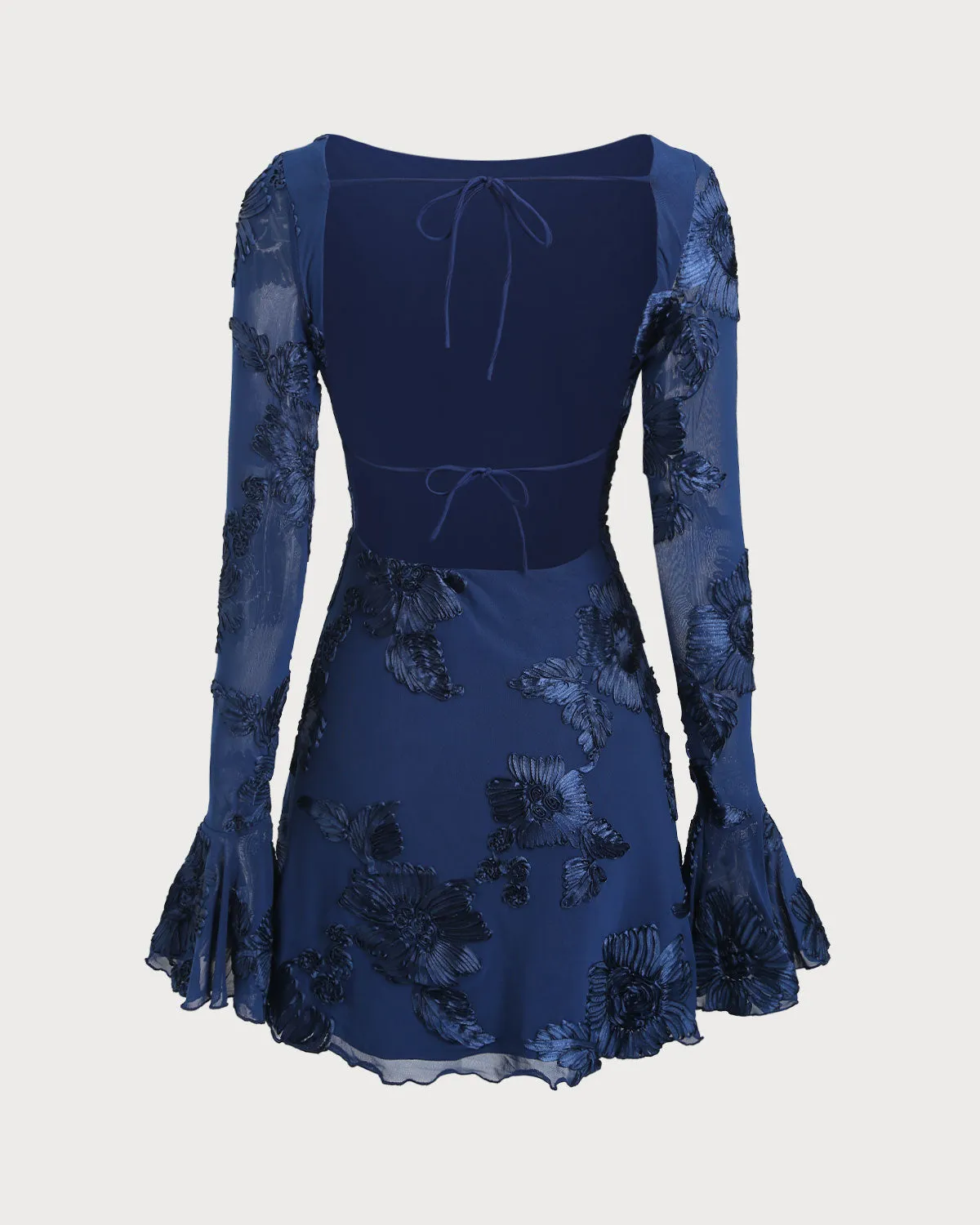 Blue Jacquard Bell Sleeve Backless Mini Dress sold by rihoas product image thumbnail 4