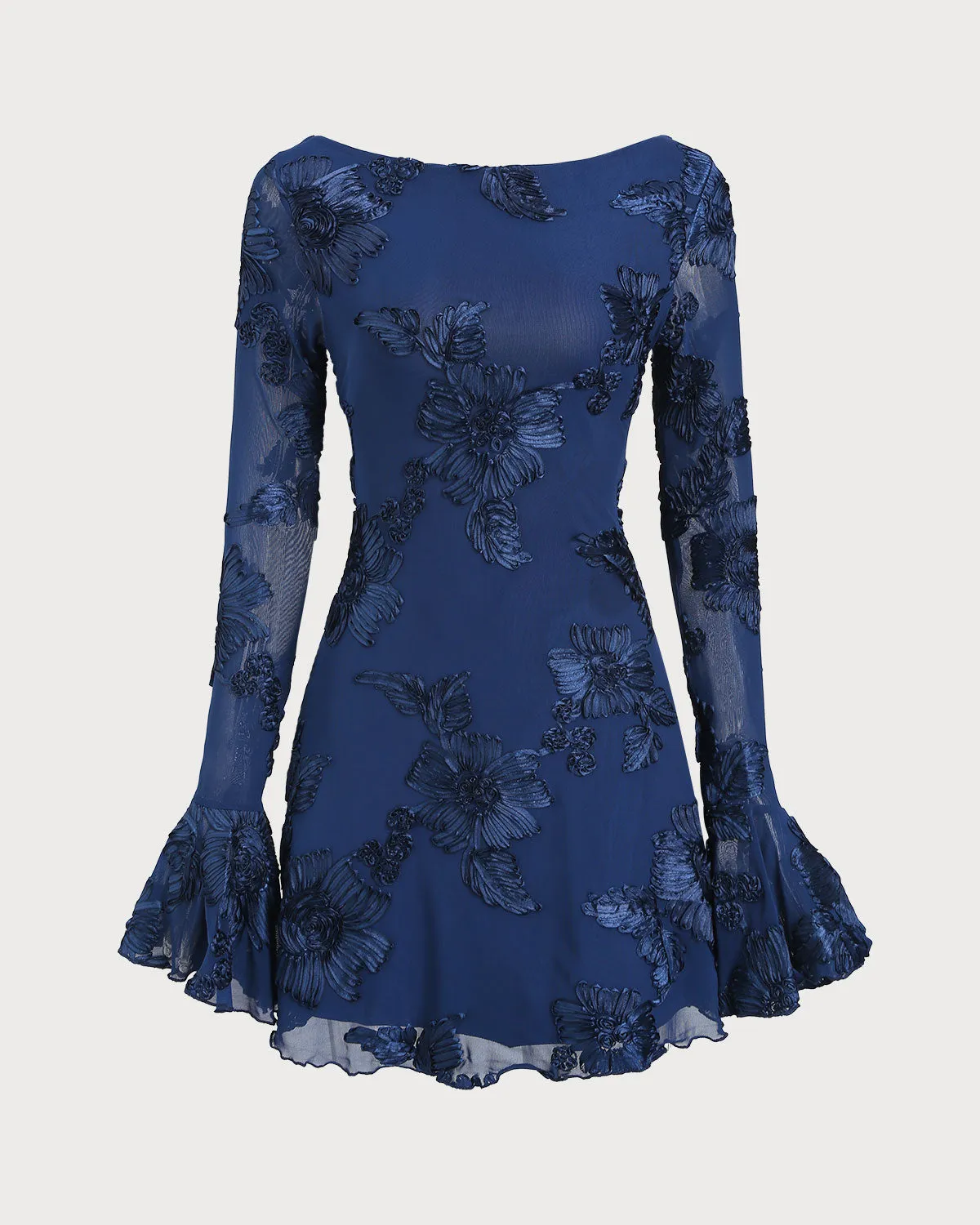 Blue Jacquard Bell Sleeve Backless Mini Dress sold by rihoas