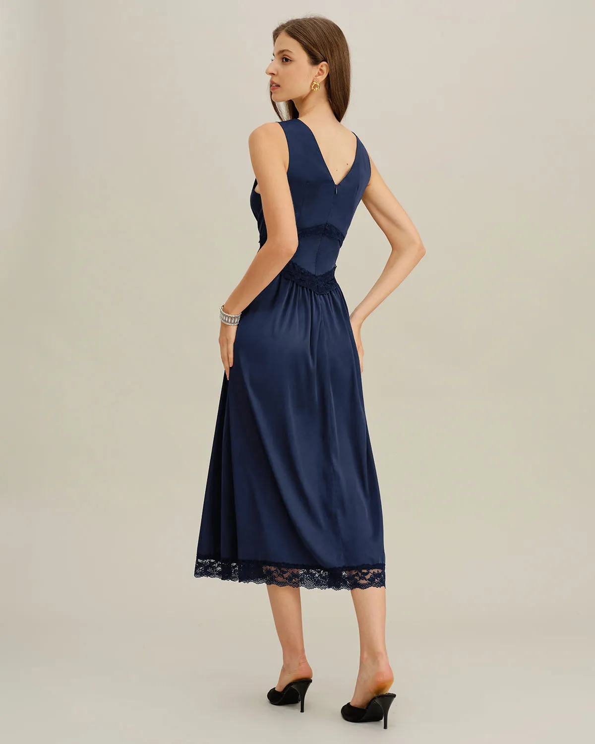 Blue V Neck A-Line Sleeveless Midi Dress sold by rihoas product image thumbnail 4