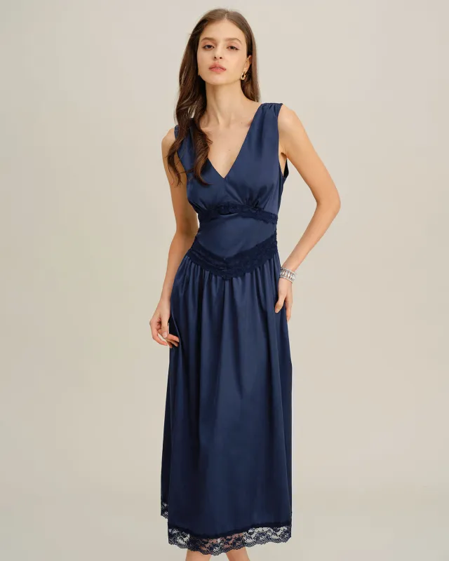 Blue V Neck A-Line Sleeveless Midi Dress sold by rihoas
