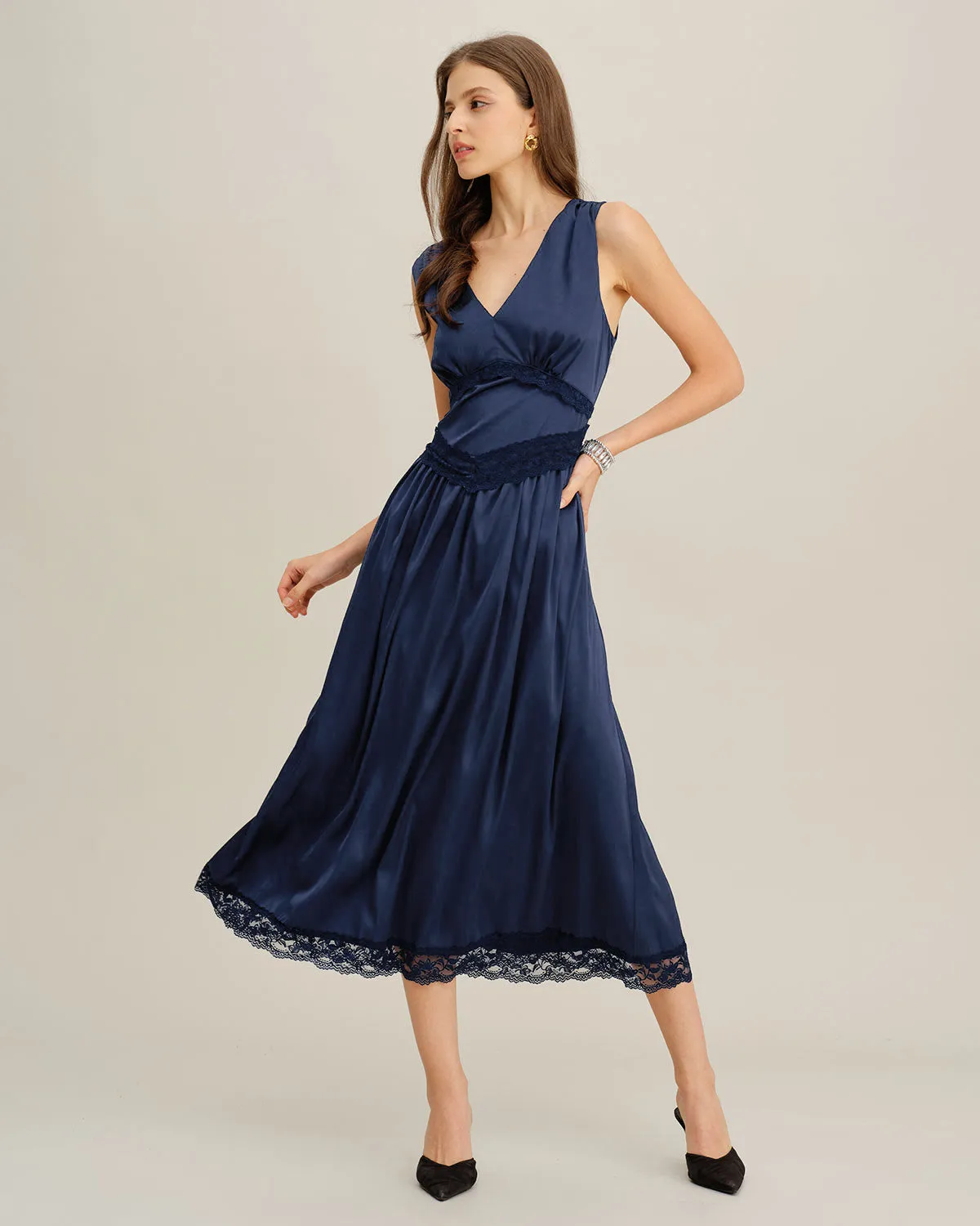 Blue V Neck A-Line Sleeveless Midi Dress sold by rihoas product image thumbnail 3
