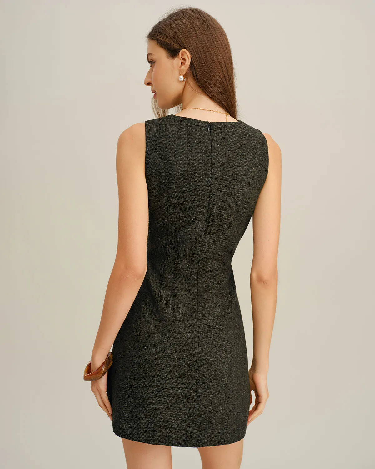 Dark Green V Neck Sleeveless Mini Dress sold by rihoas product image thumbnail 4