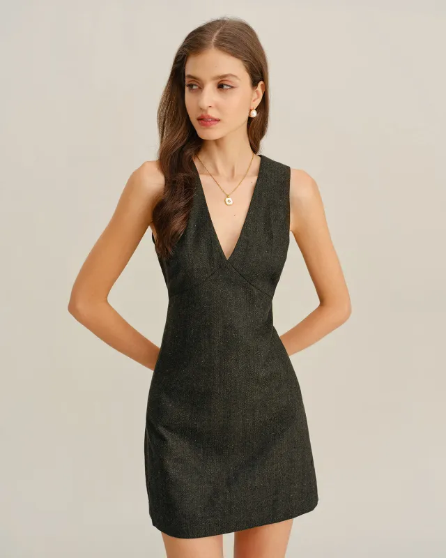 Dark Green V Neck Sleeveless Mini Dress sold by rihoas