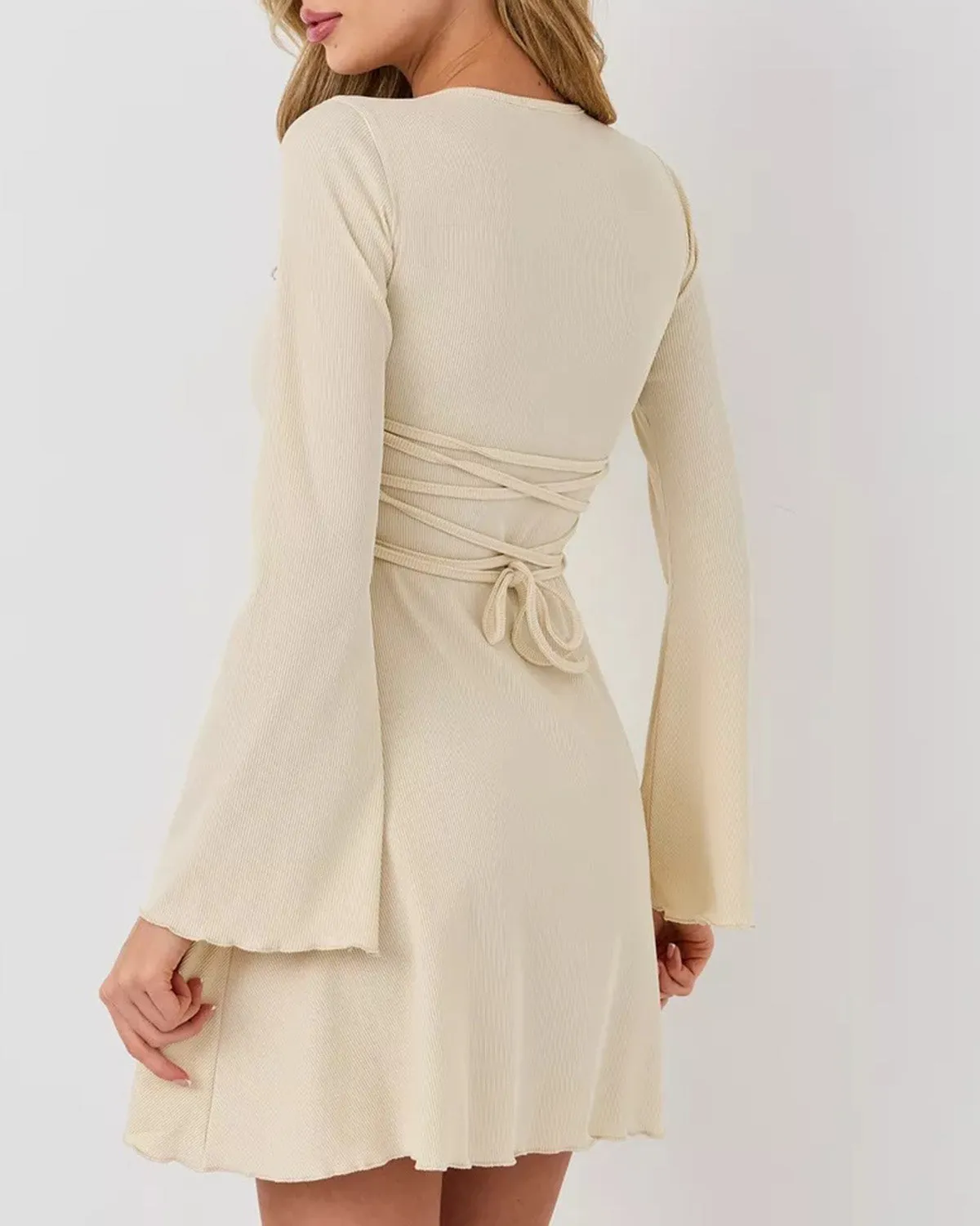 Apricot Bell Sleeve Bodycon Mini Dress sold by rihoas product image thumbnail 5