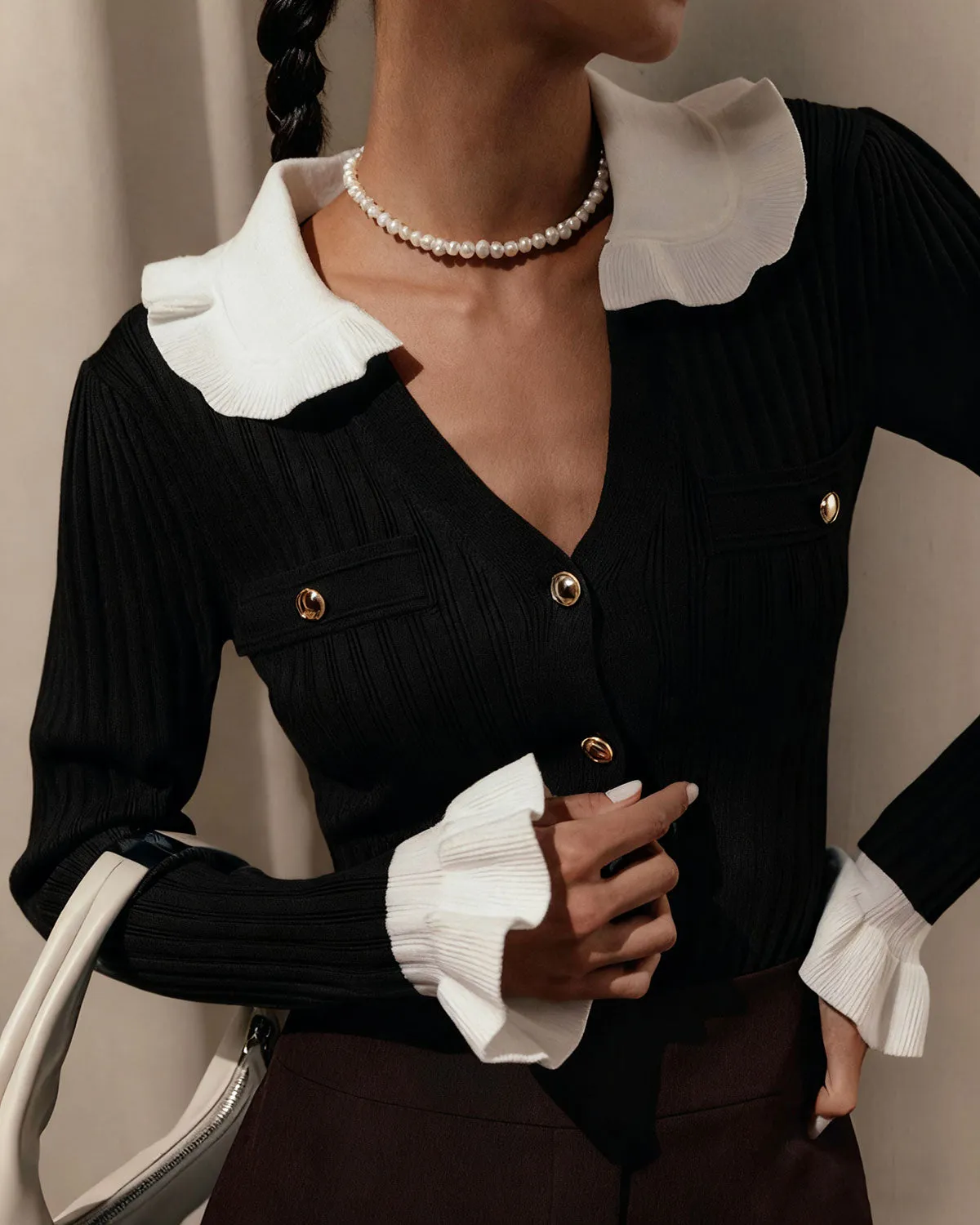 Black Contrasting Button Knit Cardigan sold by rihoas product image thumbnail 3