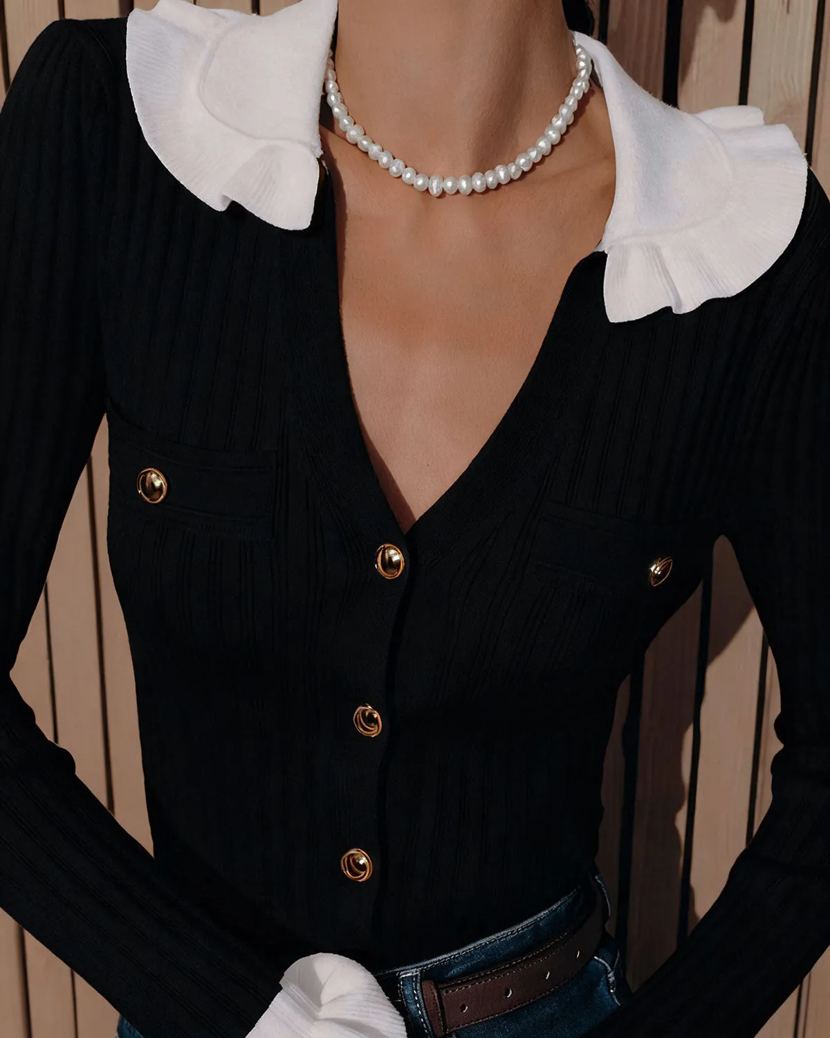 Black Contrasting Button Knit Cardigan sold by rihoas product image thumbnail 2