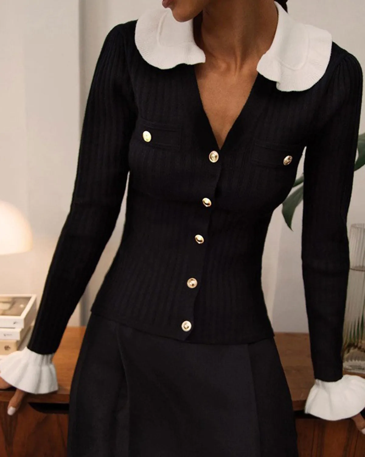 Black Contrasting Button Knit Cardigan sold by rihoas product image thumbnail 4