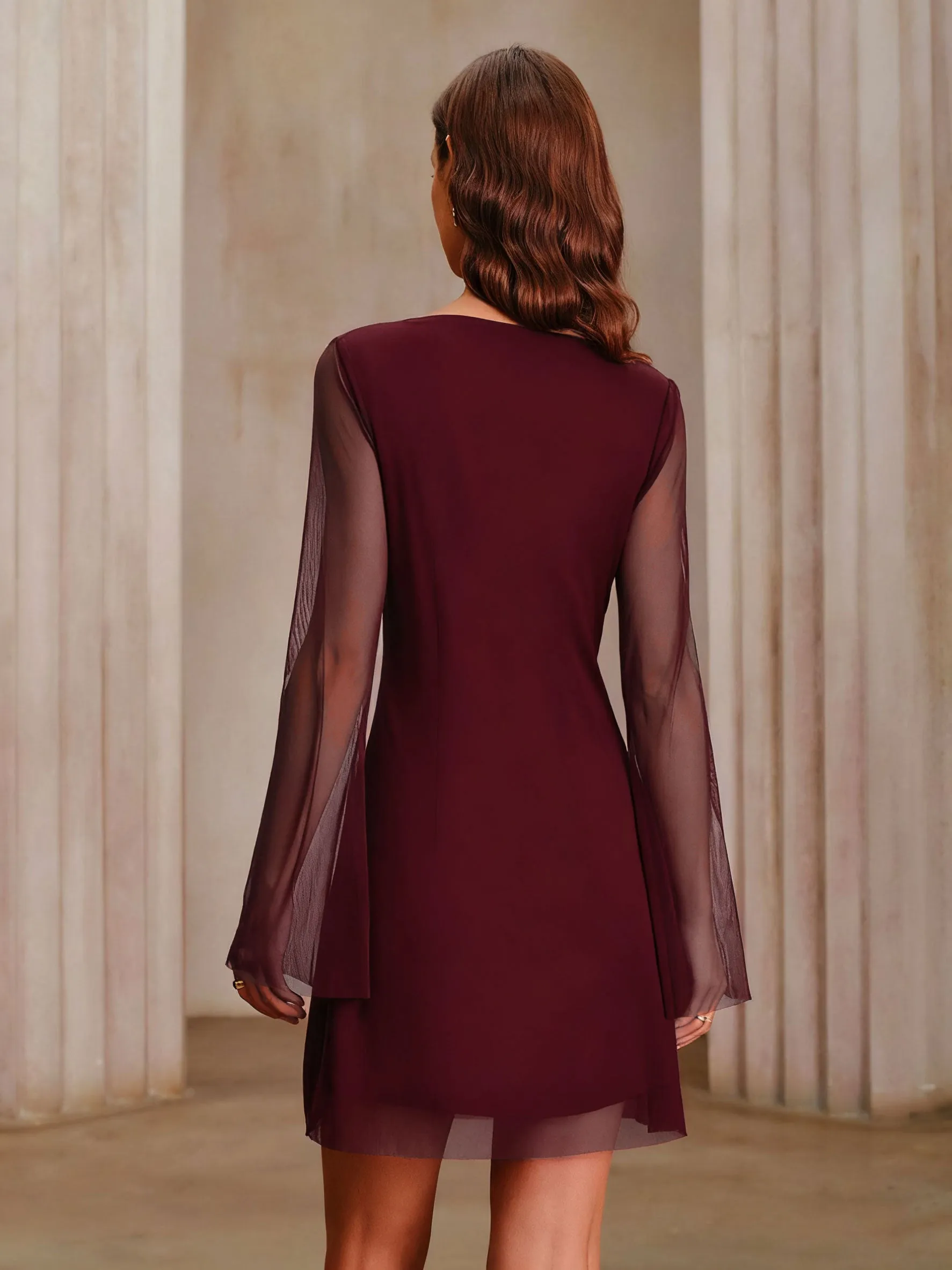 Wine Red Boat Neck Mesh Mini Dress sold by rihoas product image thumbnail 4