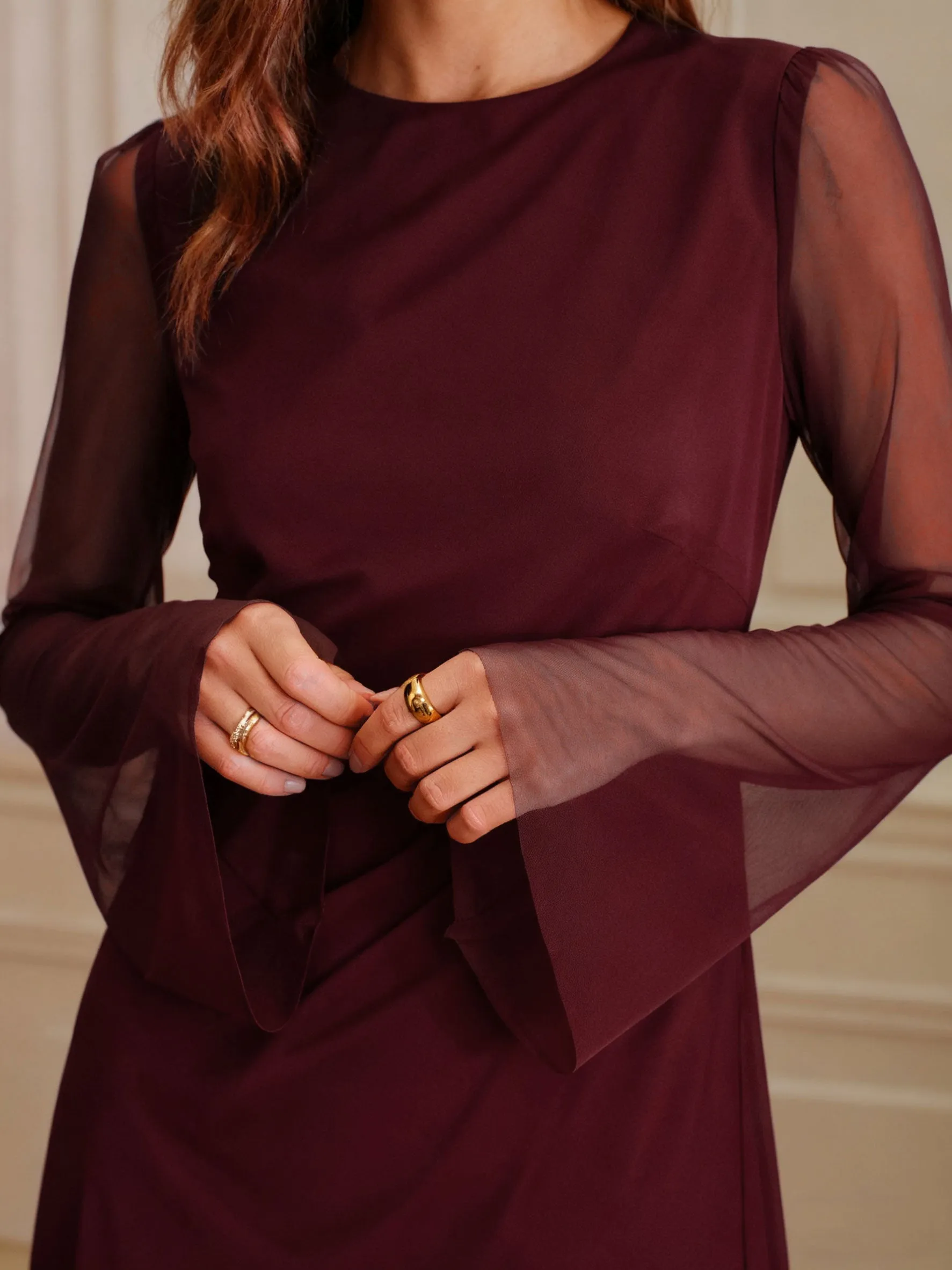Wine Red Boat Neck Mesh Mini Dress sold by rihoas product image thumbnail 2