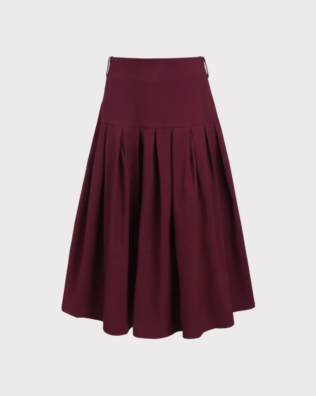 Wine Red Natural Waisted Pleated Midi Skirt sold by rihoas