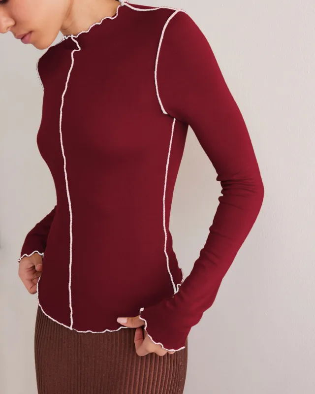 Wine Red Slim Contrasting Tee sold by rihoas