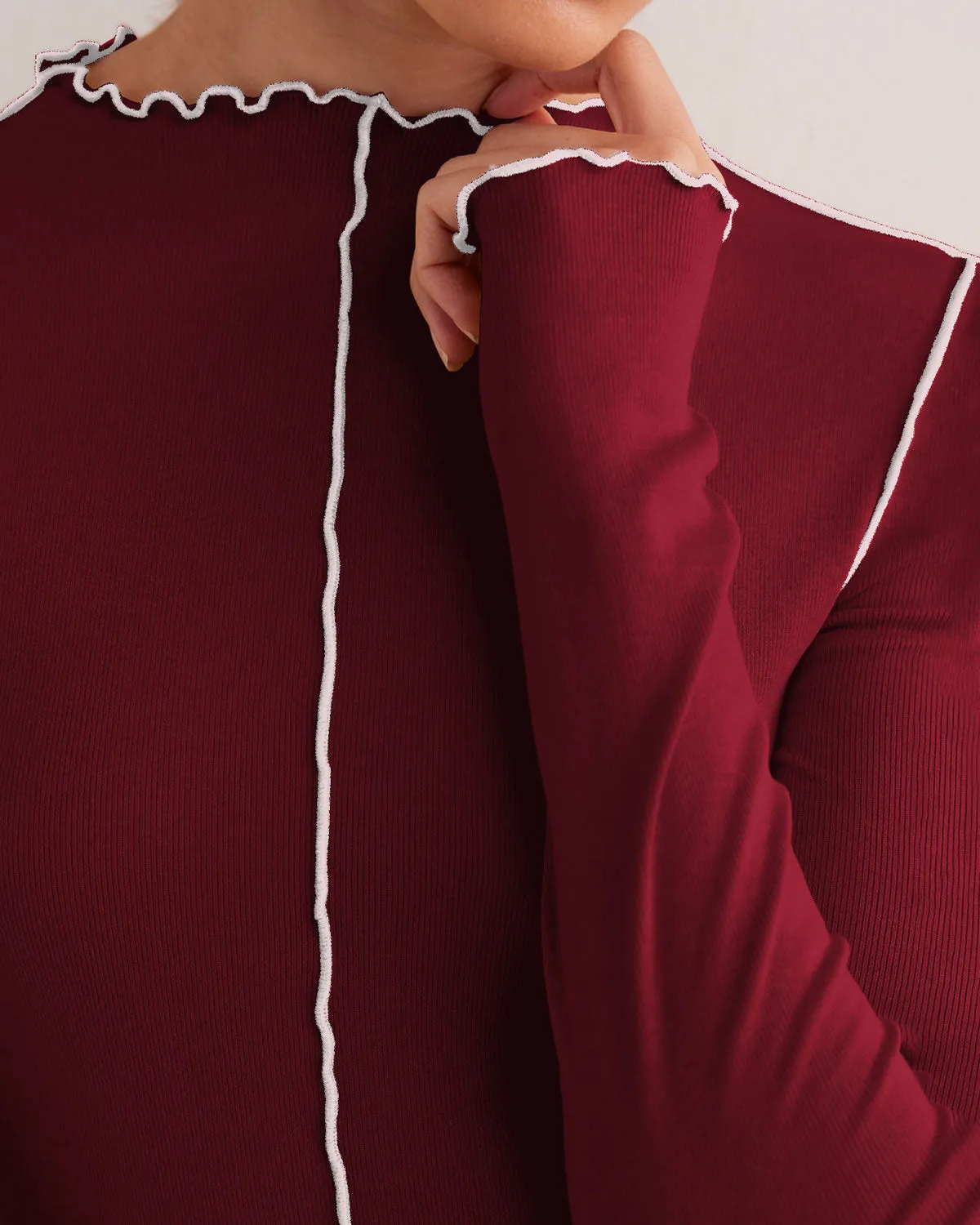 Wine Red Slim Contrasting Tee sold by rihoas product image thumbnail 2