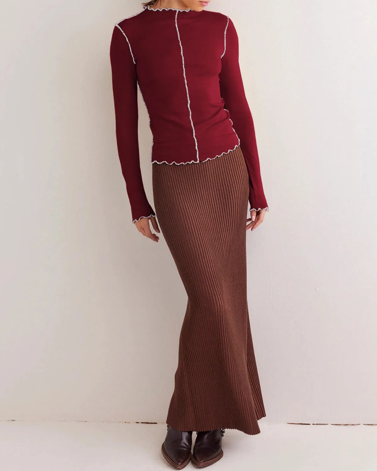 Wine Red Slim Contrasting Tee sold by rihoas product image thumbnail 4