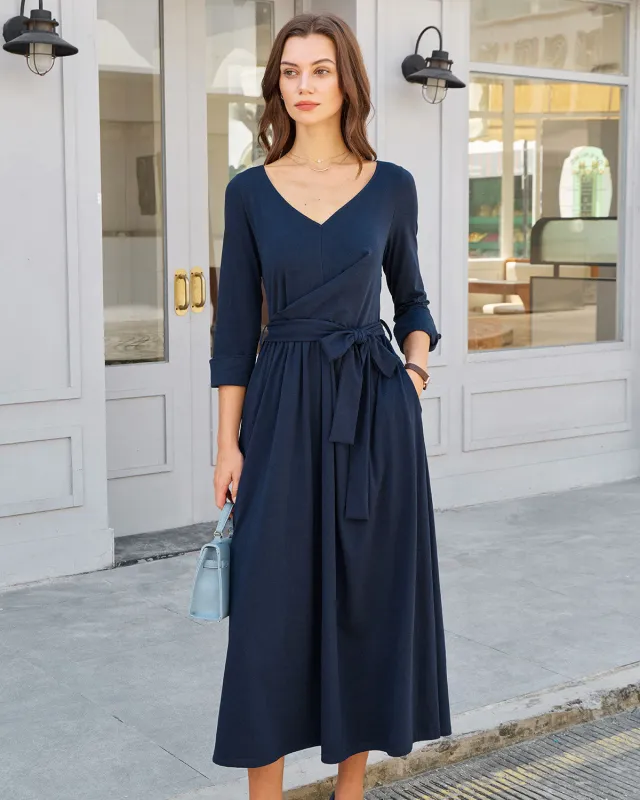 Navy Ruched Tie Waist Maxi Dress sold by rihoas