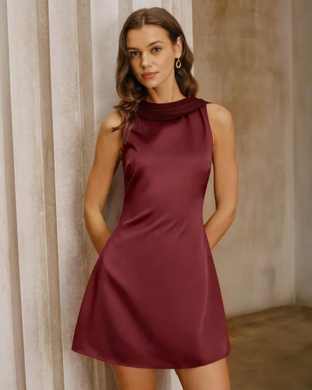 Wine Red Satin Cowl Neck Backless Mini Dress sold by rihoas