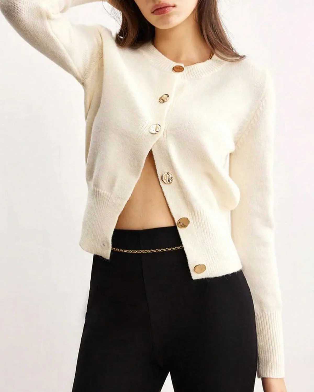 White Round Neck Knit Cardigan sold by rihoas product image thumbnail 3