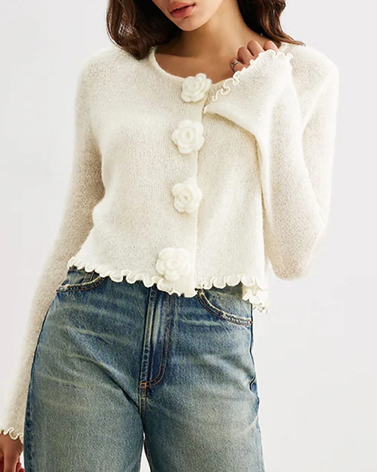 White Round Neck Flower Sweater sold by rihoas product image thumbnail 4