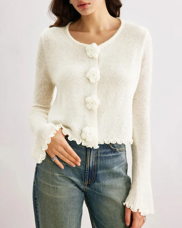 White Round Neck Flower Sweater sold by rihoas