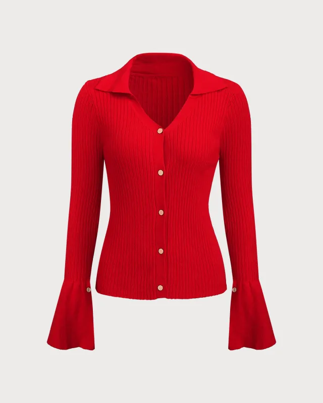 Red V Neck Slim Knit Cardigan sold by rihoas