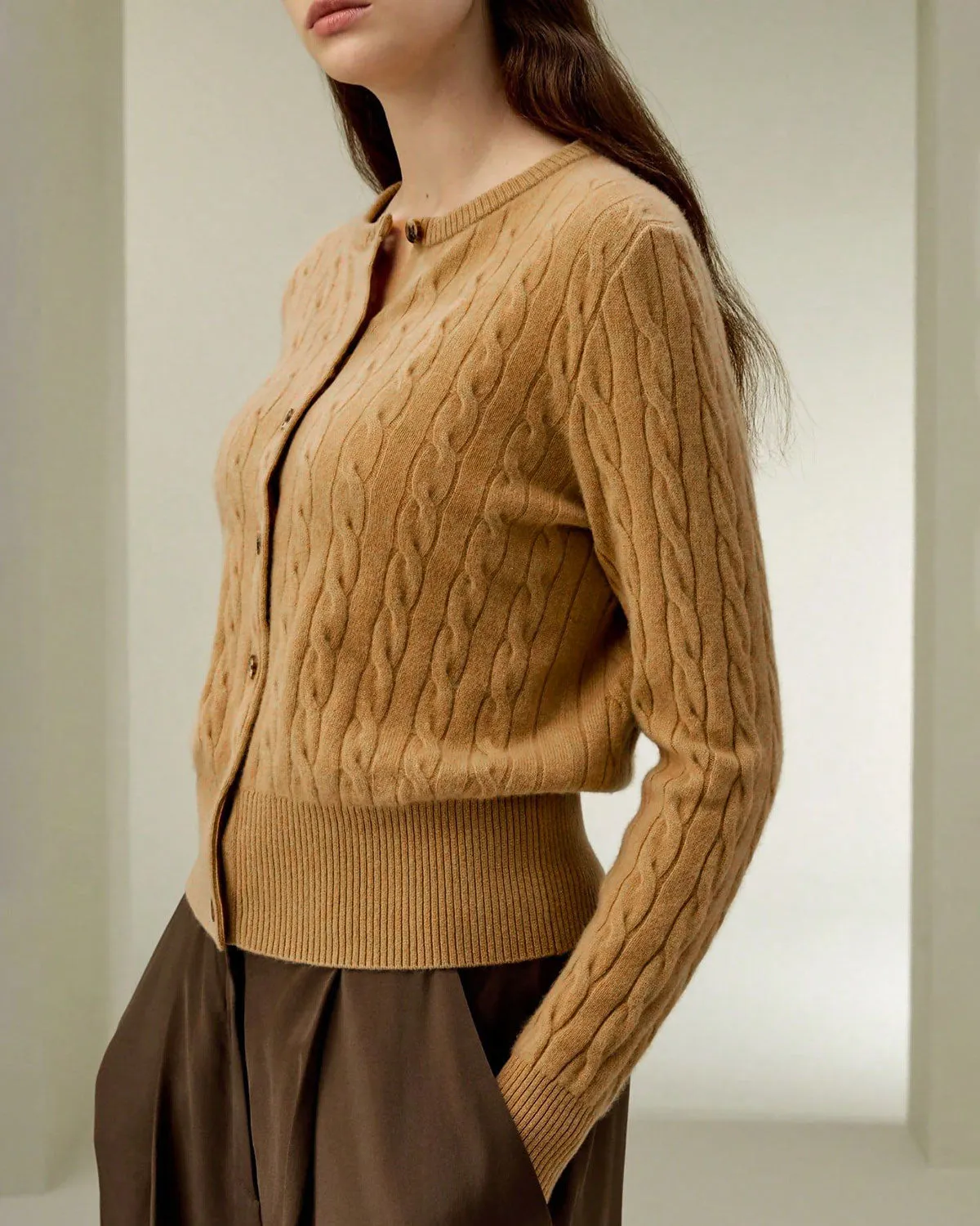 Camel Round Neck Button Knit Cardigan sold by rihoas product image thumbnail 2