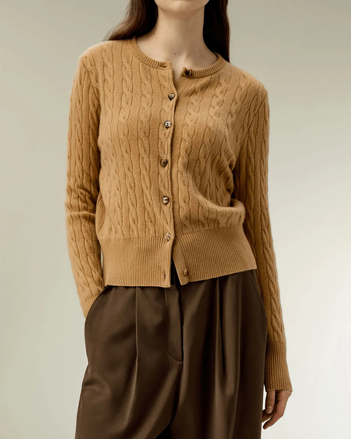 Camel Round Neck Button Knit Cardigan sold by rihoas product image thumbnail 3