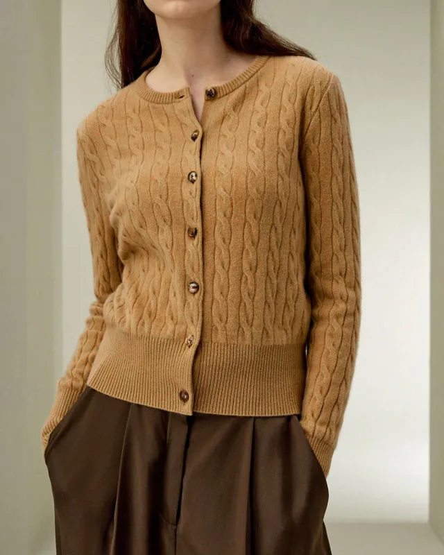 Camel Round Neck Button Knit Cardigan sold by rihoas