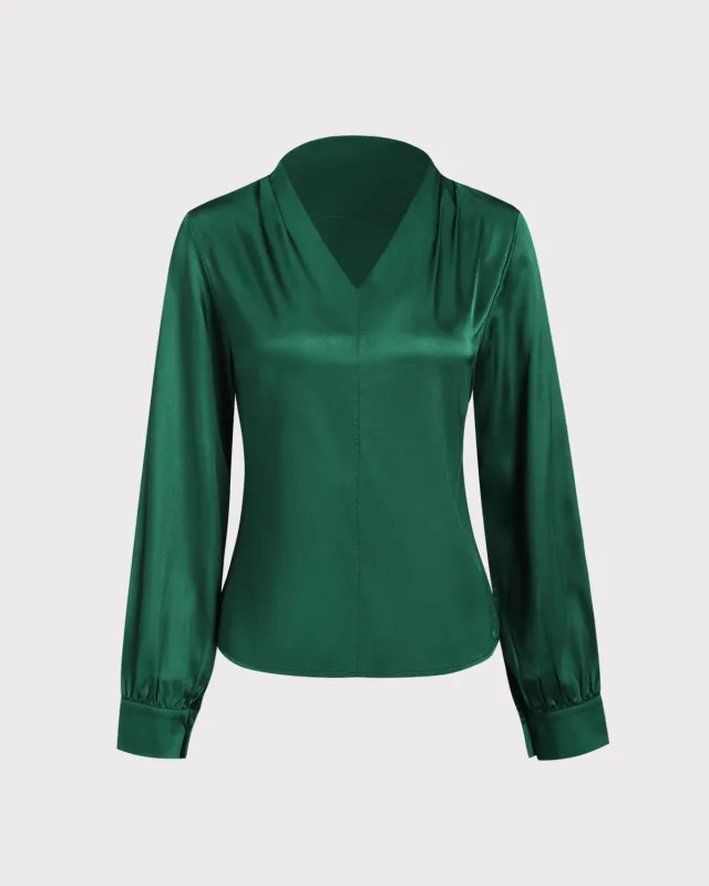 Green Satin V Neck Shirt sold by rihoas