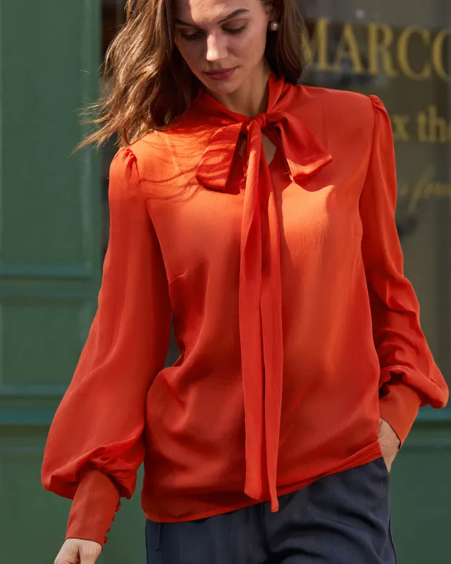 Brick Red Chiffon Tie Neck Shirt sold by rihoas