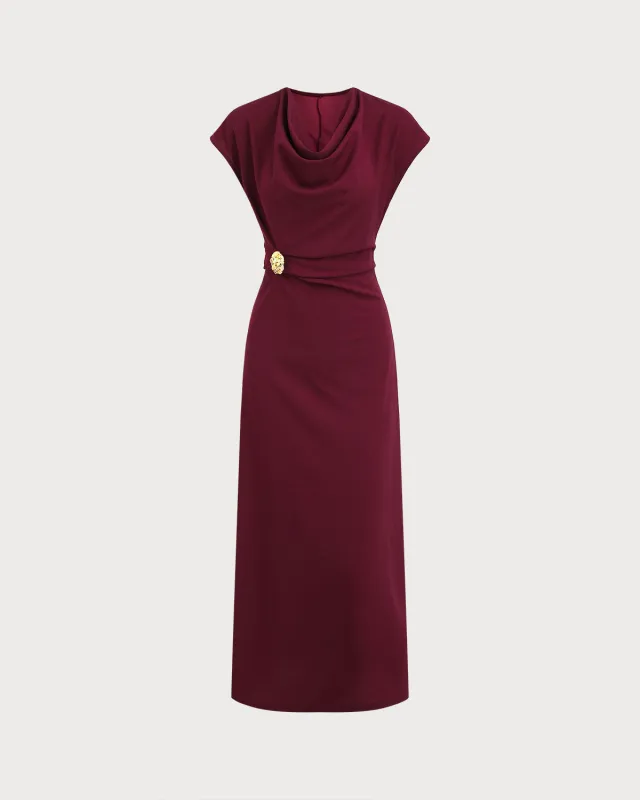Wine Red Satin Boat Neck Maxi Dress sold by rihoas