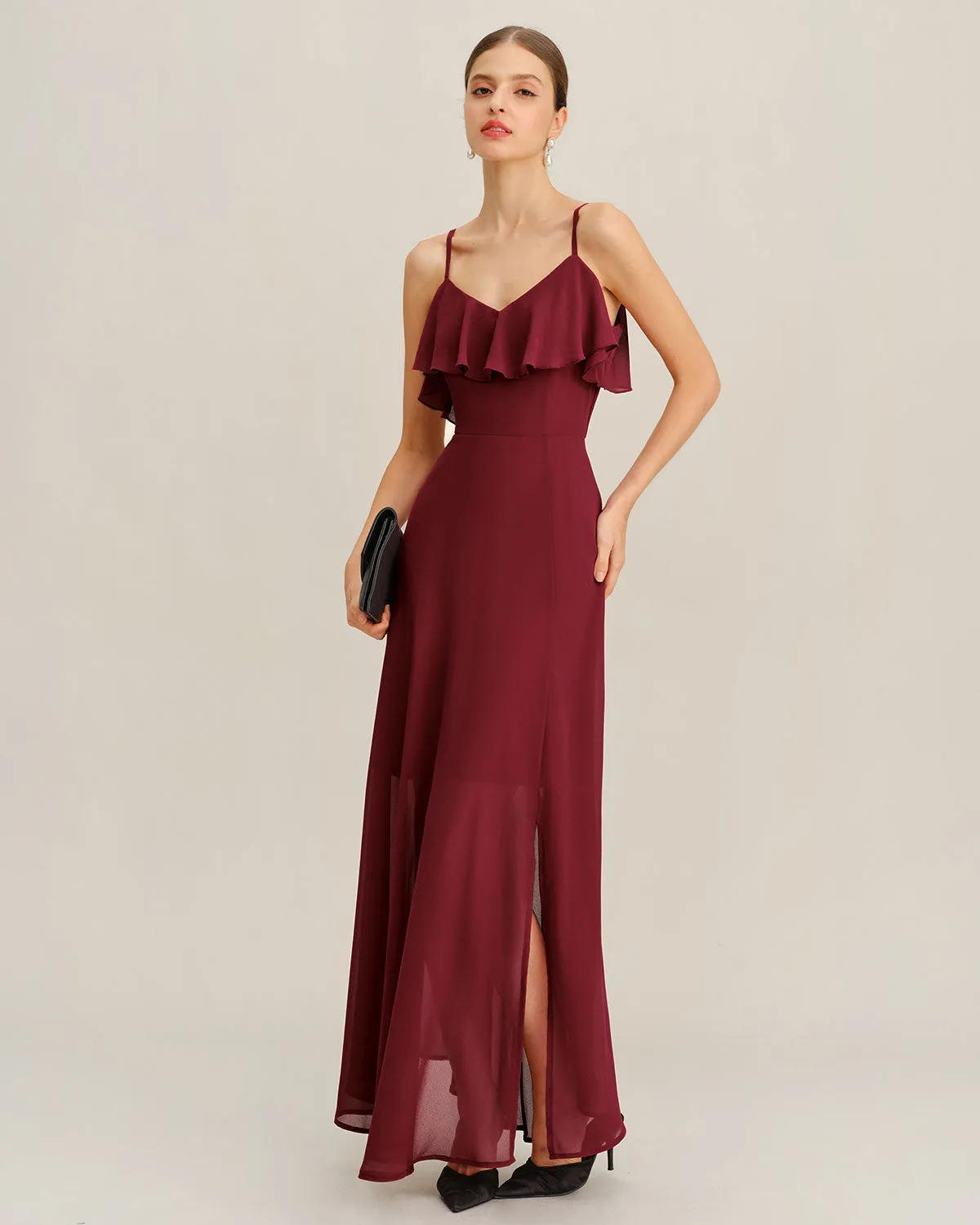 Wine Red Chiffon Ruffle Slip Maxi Dress sold by rihoas product image thumbnail 3