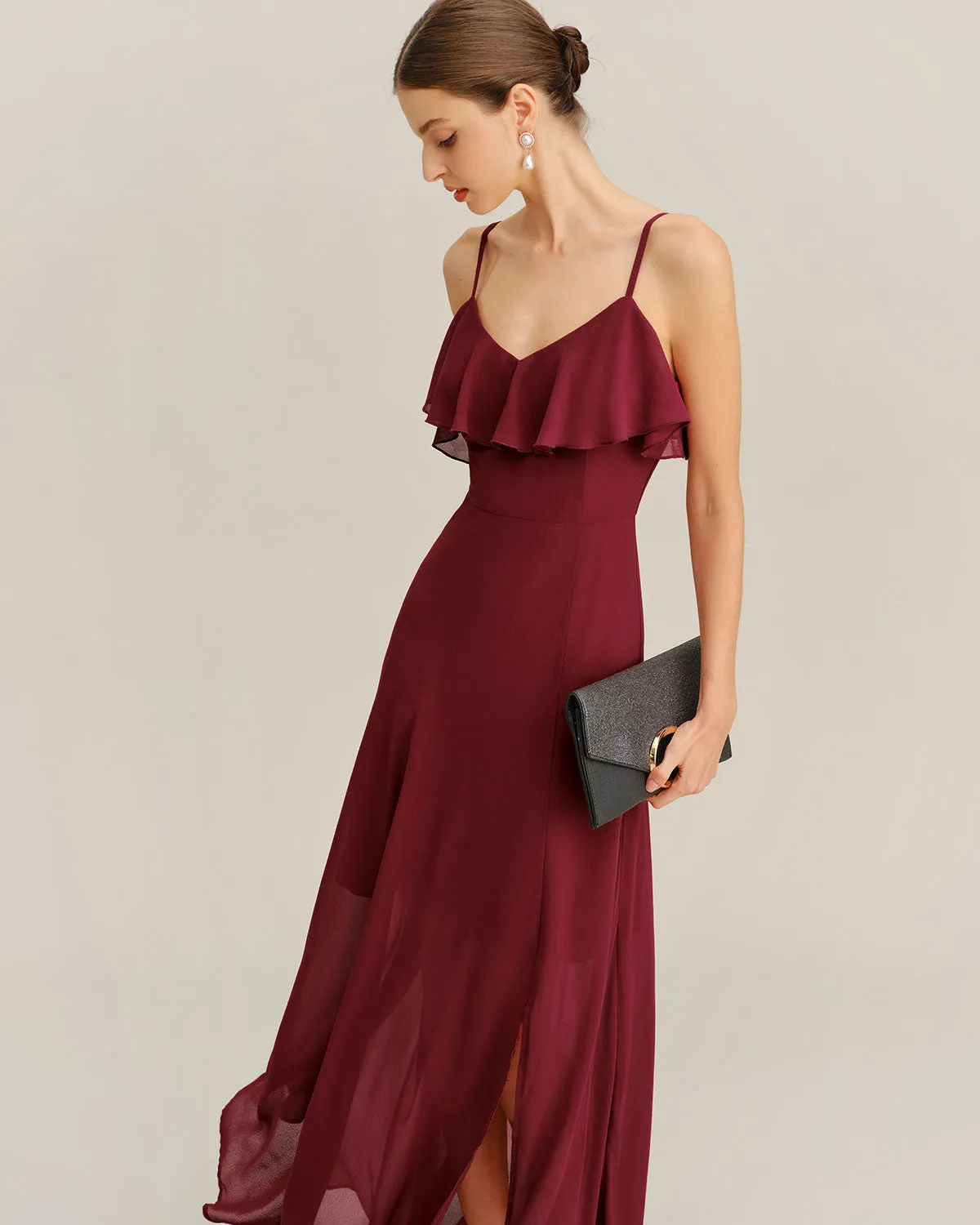 Wine Red Chiffon Ruffle Slip Maxi Dress sold by rihoas product image thumbnail 2