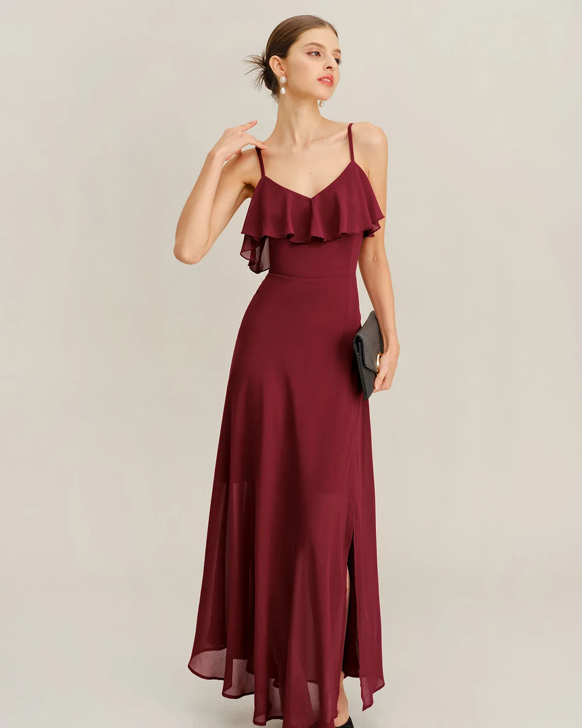 Wine Red Chiffon Ruffle Slip Maxi Dress sold by rihoas