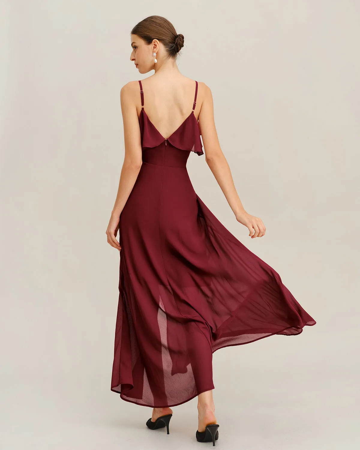 Wine Red Chiffon Ruffle Slip Maxi Dress sold by rihoas product image thumbnail 5