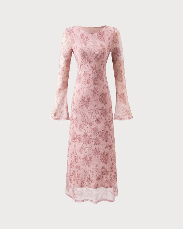 Pink Floral Bell Sleeve Maxi Dress sold by rihoas