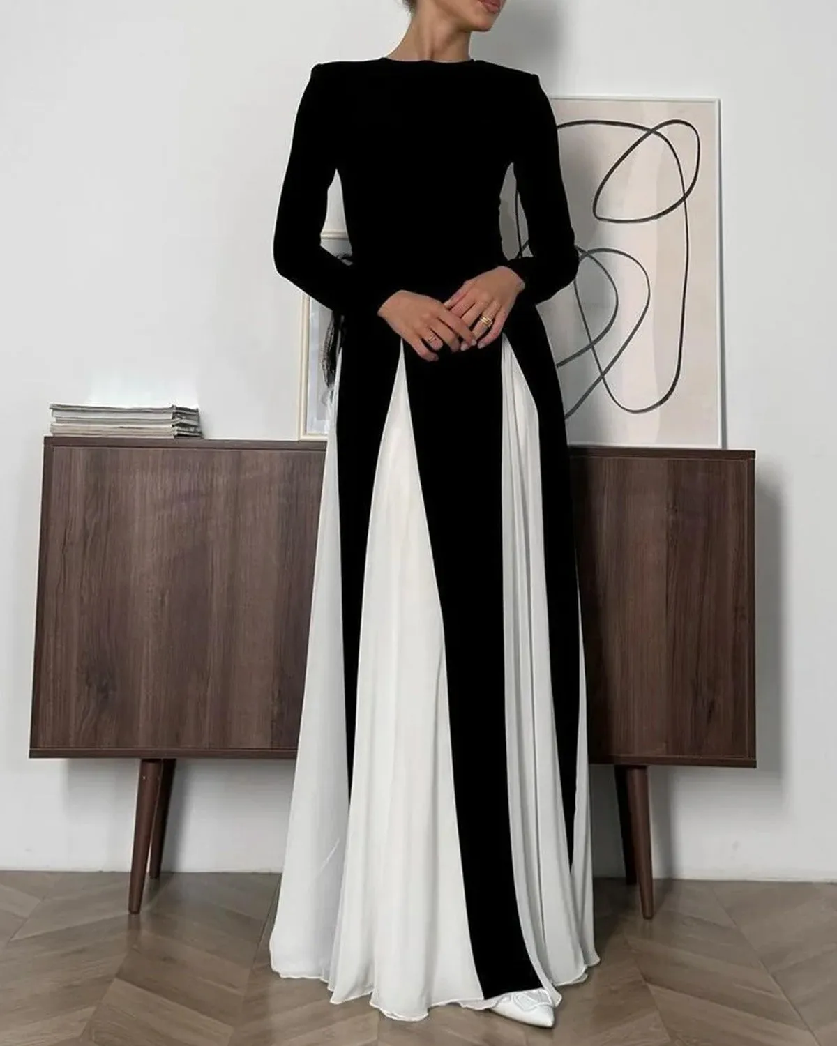 Black Contrasting A-Line Maxi Dress sold by rihoas