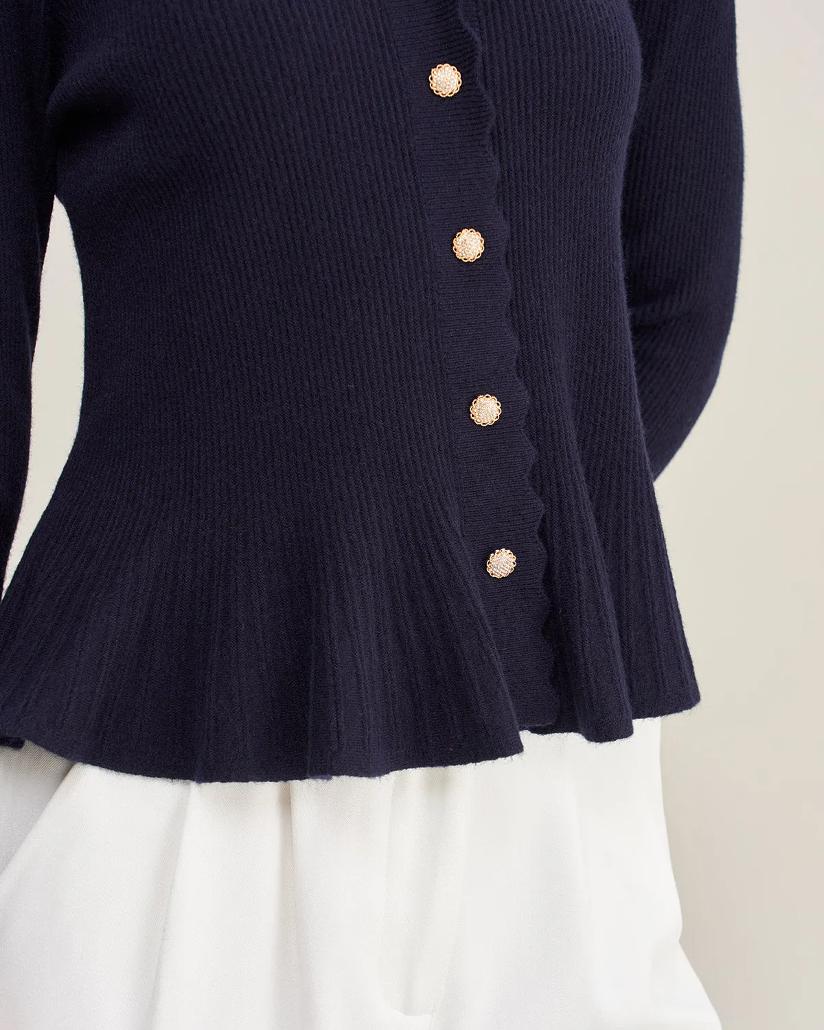 Navy V Neck Ruffle Knit Cardigan sold by rihoas product image thumbnail 2