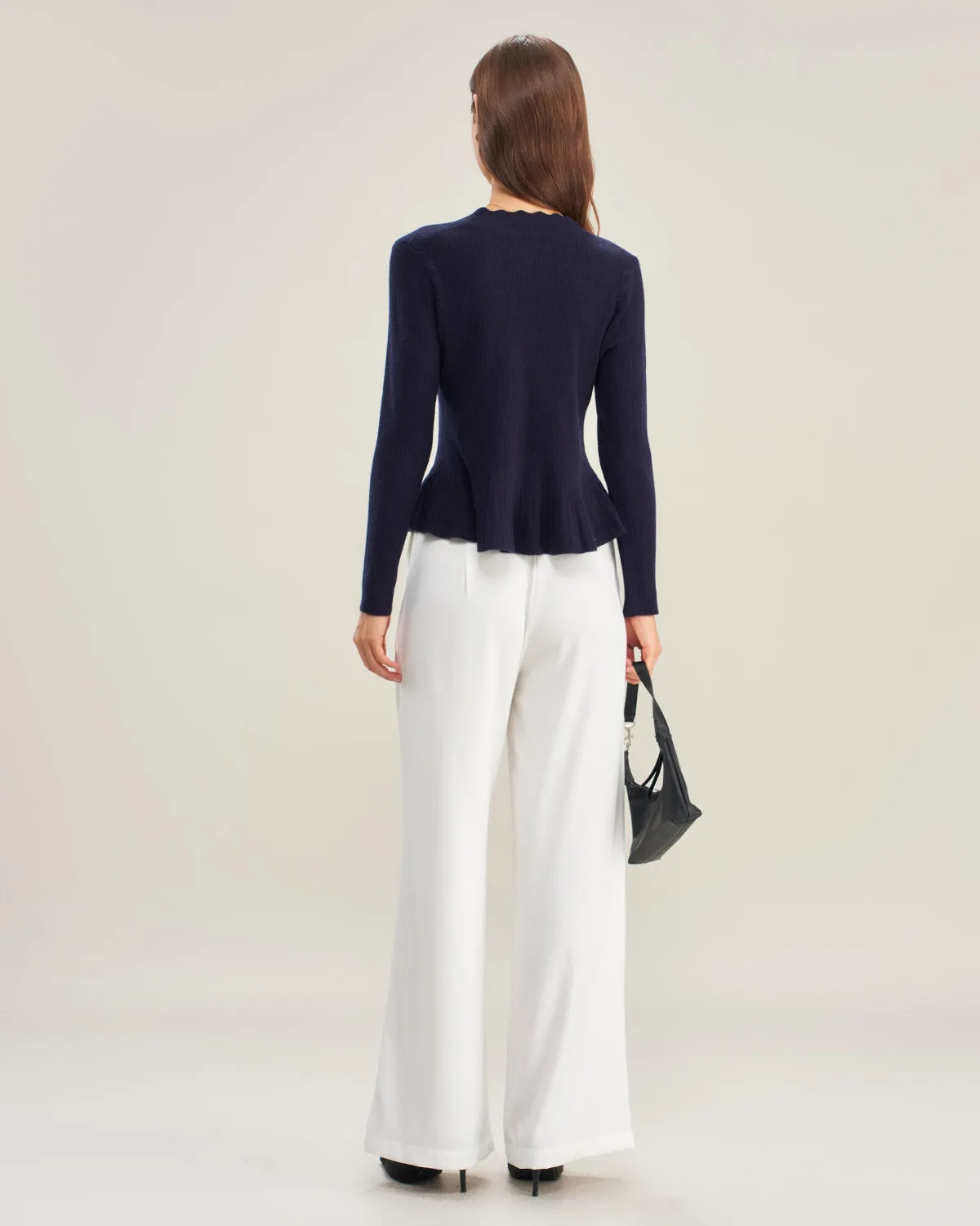 Navy V Neck Ruffle Knit Cardigan sold by rihoas product image thumbnail 5